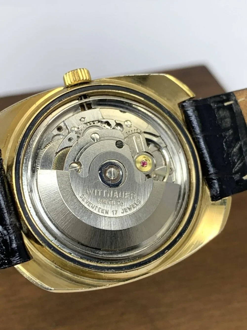 Wittnauer Men's Watch Vintage Swiss Automatic Gold Dial Day Date Leather Strap